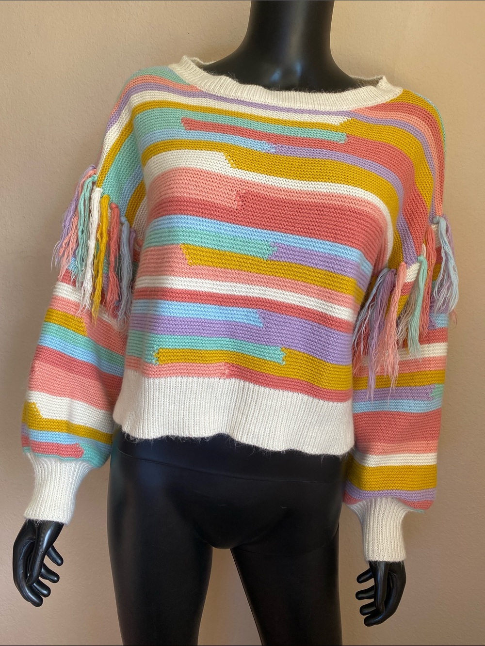 Kawaii Candyland Pastel Stripe Fringe Tassel Knit Sweater - Picture 1 of 9
